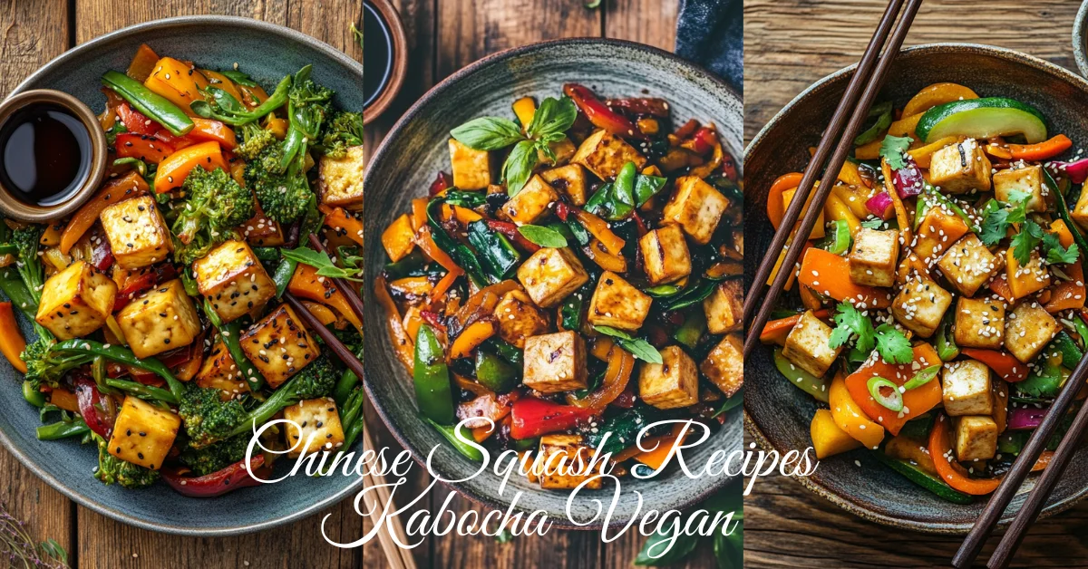 Vegan Chinese squash stir-fry with kabocha, tofu, and colorful vegetables in three bowls.