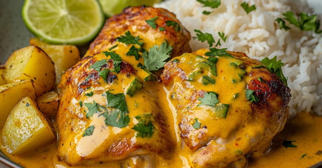 Close-up of Peruvian Churu Chicken Amarillo with creamy yellow sauce, served with white rice, roasted potatoes, and garnished with fresh cilantro and lime.