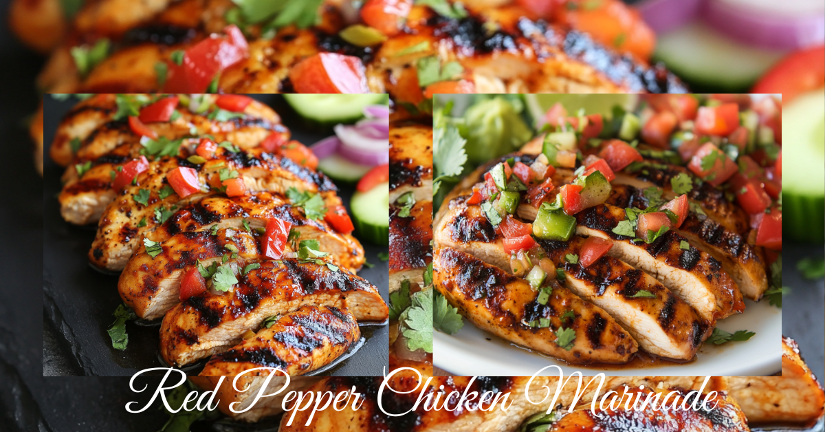 Grilled chicken marinated in a smoky red pepper marinade, topped with fresh diced tomatoes and cilantro, served with sliced cucumbers and red onions.