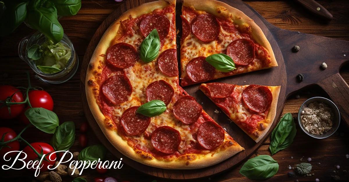 A beef pepperoni pizza with fresh basil on a wooden board.