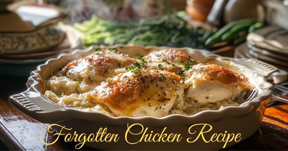 Freshly baked Forgotten Chicken Recipe in a casserole dish, topped with golden-brown chicken and herbs, surrounded by rustic kitchen elements.