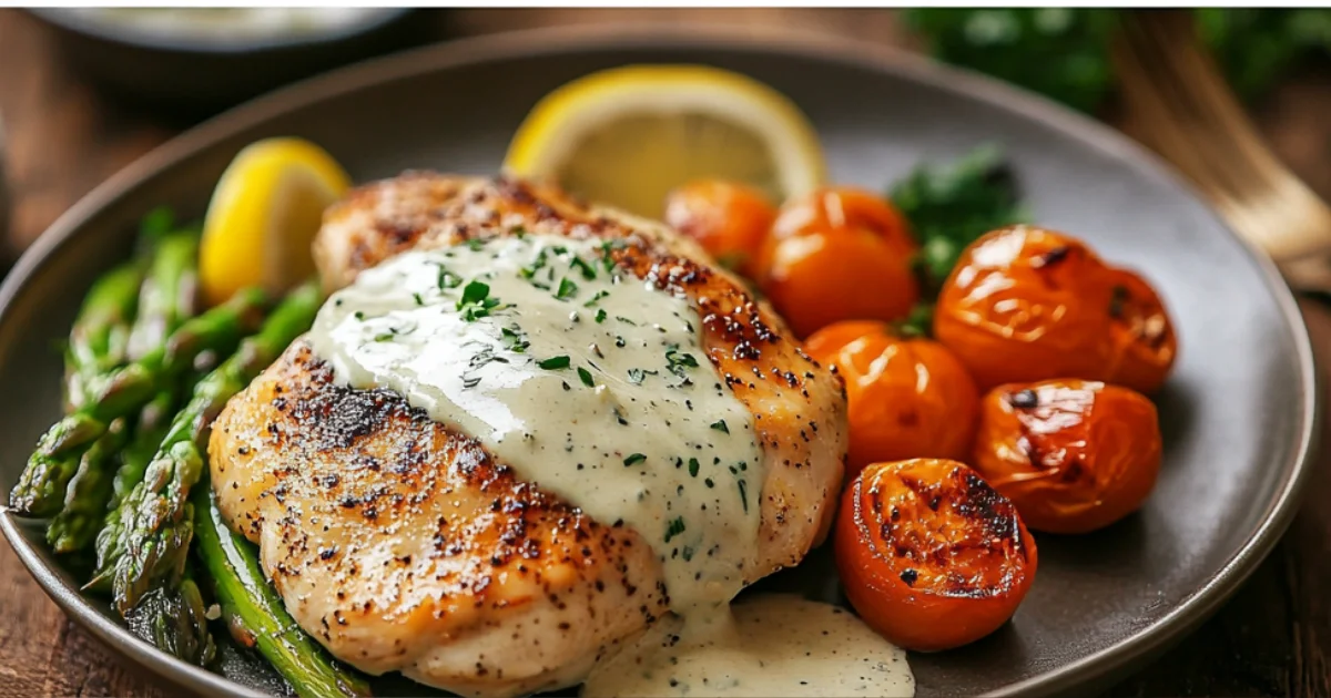 A delicious plate of grilled chicken topped with creamy herb sauce, served with roasted cherry tomatoes and fresh asparagus, garnished with lemon slices.