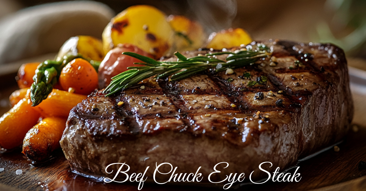 A perfectly grilled beef chuck eye steak garnished with fresh rosemary, served with roasted vegetables including carrots, potatoes, and asparagus, with steam rising in a rustic, warm setting.