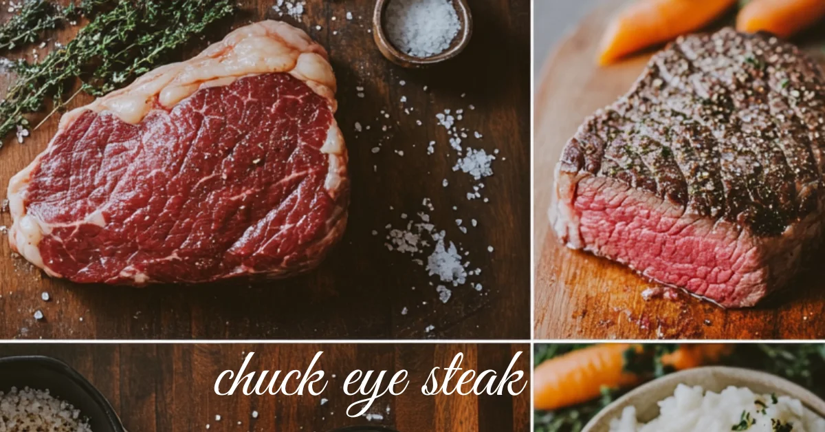 "Raw and cooked chuck eye steak with herbs and seasoning, displayed on a rustic wooden board."