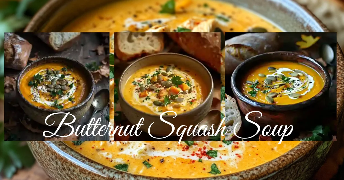 A collage of butternut squash soup bowls, garnished with fresh herbs, pumpkin seeds, and cream, served alongside rustic bread.