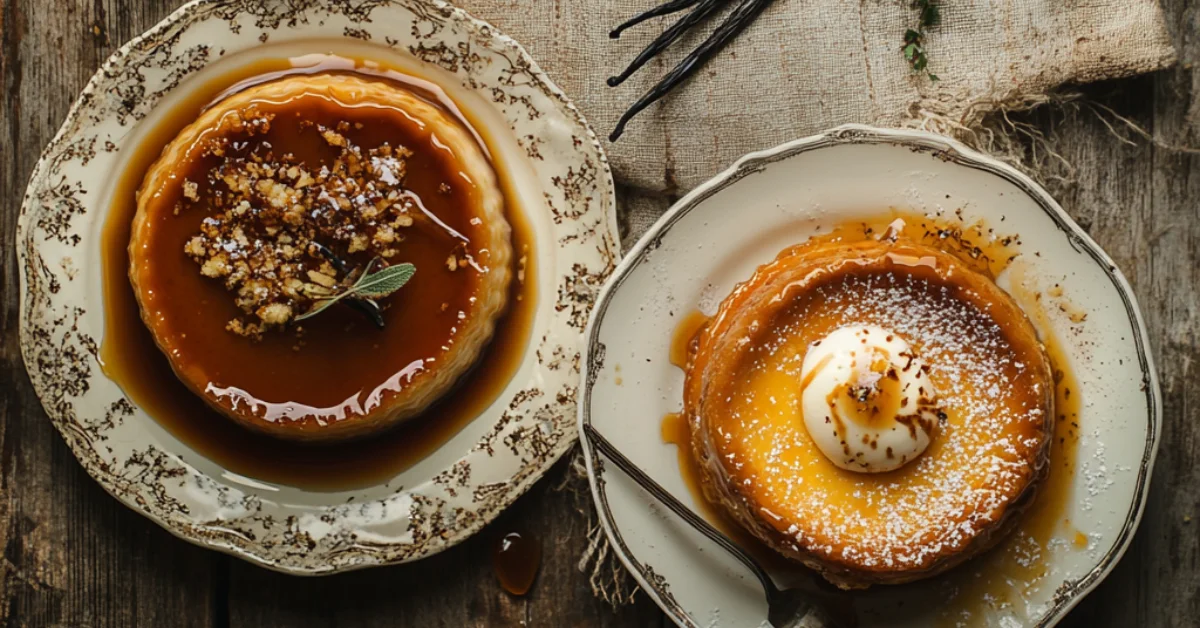 Side-by-side presentation of flan and crème brûlée on rustic plates, highlighting their textures and caramel toppings.