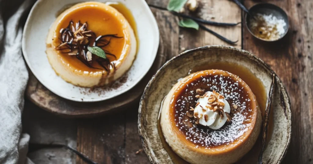 Side-by-side serving of flan and crème brûlée with caramel and cream garnishes on rustic plates.