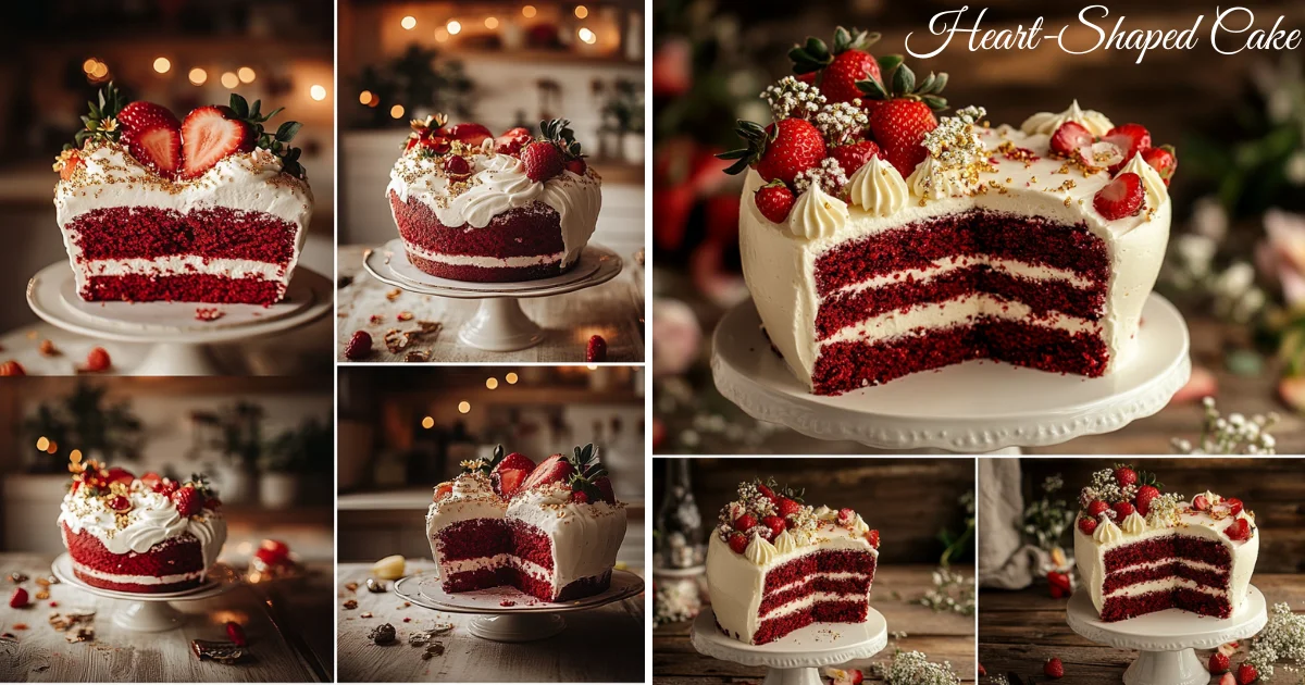 Heart-shaped Cake Recipes red velvet cake with cream cheese frosting and fresh strawberry topping.