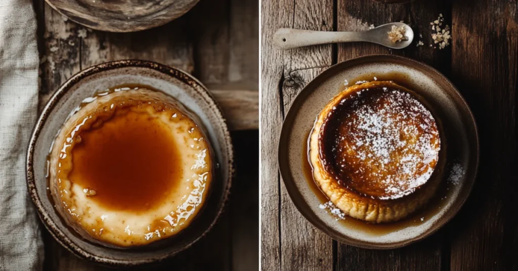 Rustic side-by-side view of flan and crème brûlée on ceramic plates with caramel toppings.