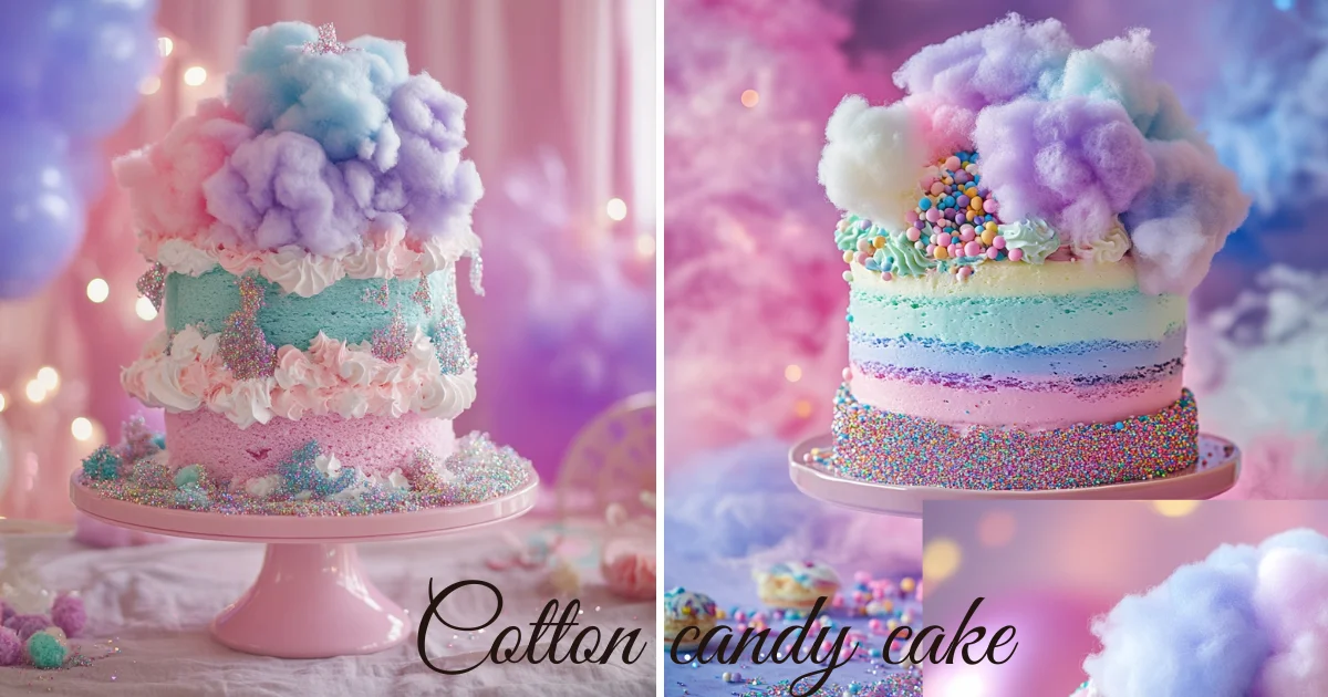 A whimsical cotton candy cake with pastel colors, fluffy cotton candy topping, and vibrant sprinkles, displayed on a pink cake stand.