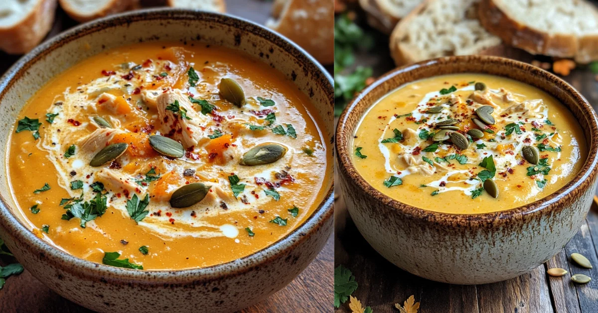 Two bowls of creamy chicken butternut squash soup garnished with fresh parsley, pumpkin seeds, and a swirl of cream.