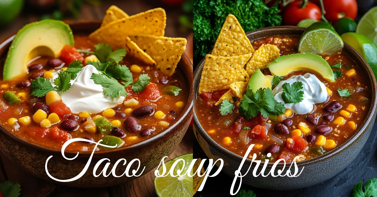 A vibrant bowl of taco soup topped with sour cream, avocado slices, tortilla chips, fresh cilantro, and lime wedges, surrounded by colorful ingredients like tomatoes and limes.