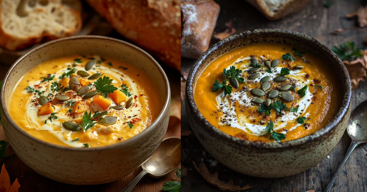 Two rustic bowls of creamy butternut squash and sweet potato soup, garnished with parsley, pumpkin seeds, and a swirl of cream, placed on a wooden table with bread and autumn leaves around.