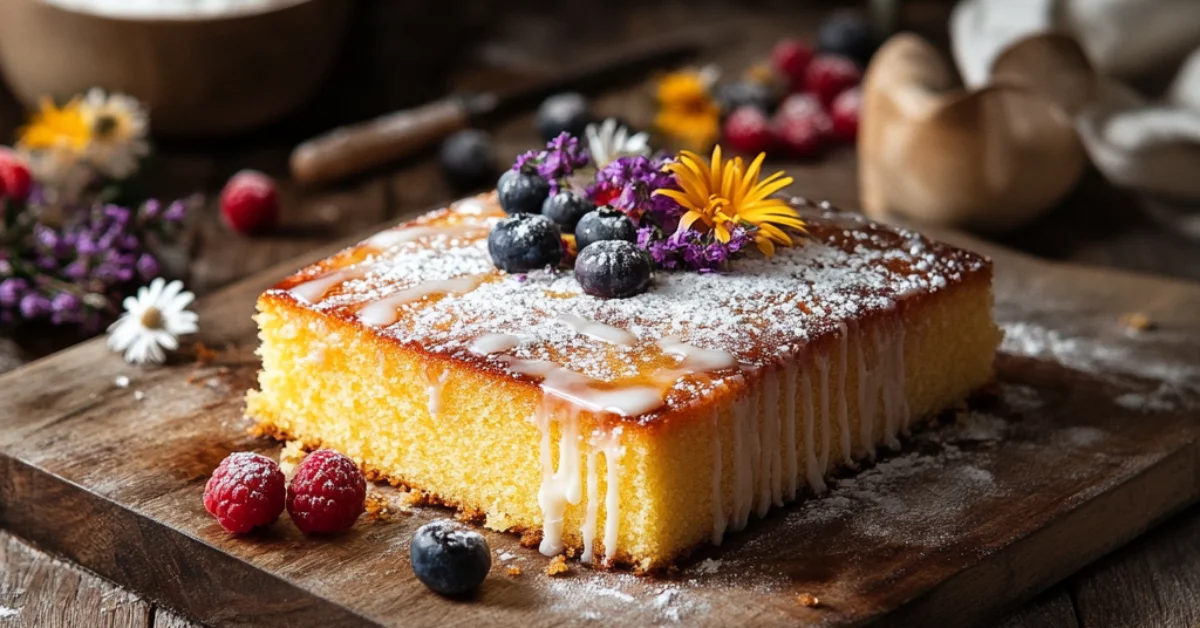 Moist kefir sheet cake topped with powdered sugar, a drizzle of glaze, fresh berries, and edible flowers, served on a rustic wooden board.