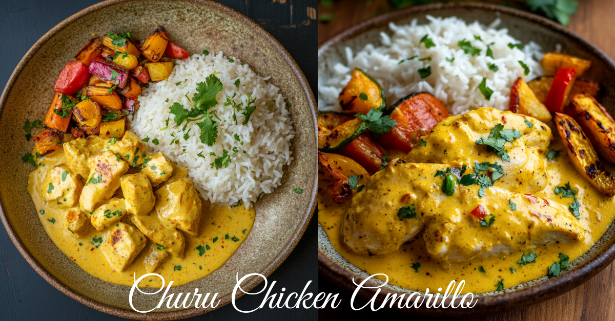 A vibrant plate of Churu Chicken Amarillo served with white rice, roasted vegetables, and garnished with fresh cilantro on a rustic plate.