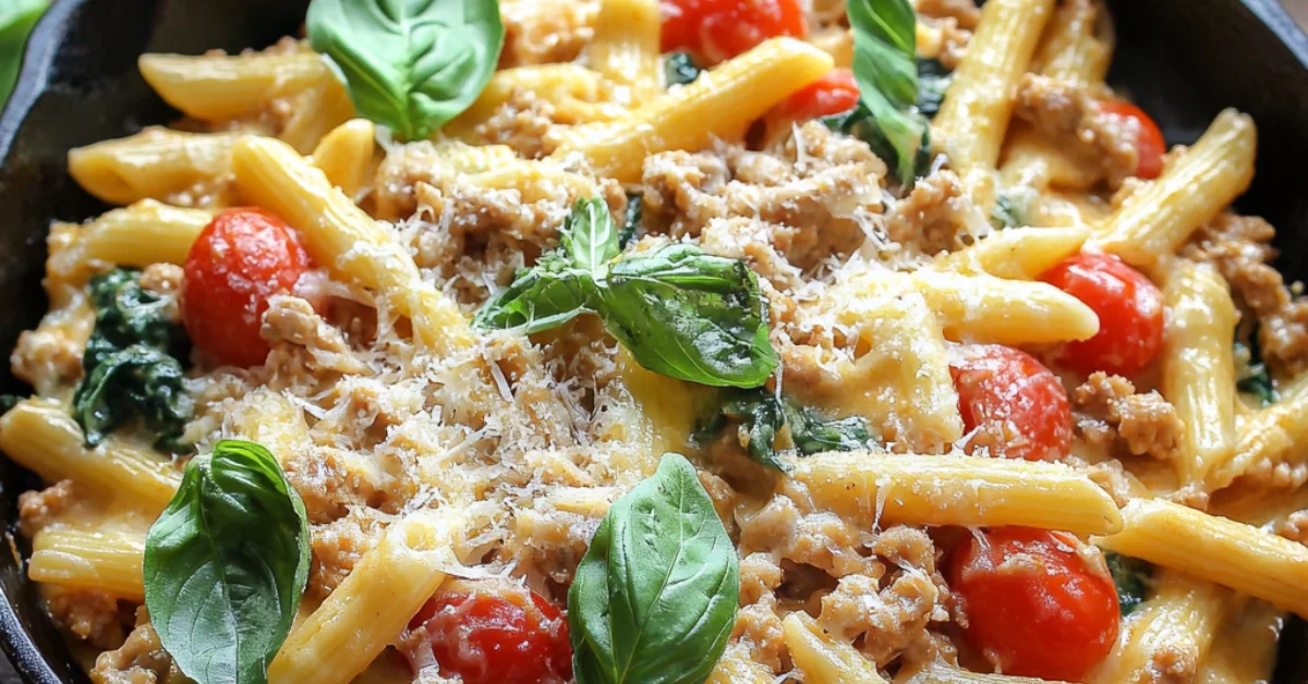 "One-skillet cheesy ground chicken pasta topped with fresh basil and Parmesan cheese, garnished with cherry tomatoes and spinach."