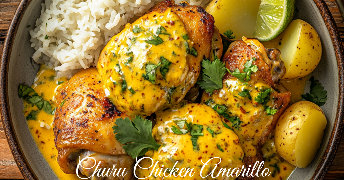 Delicious Peruvian Churu Chicken Amarillo served with creamy yellow sauce, boiled potatoes, white rice, and garnished with cilantro and lime.