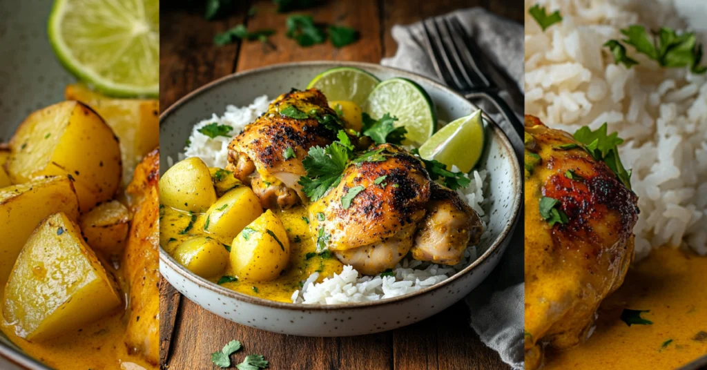 Three variations of Peruvian Churu Chicken Amarillo showcasing tender chicken in creamy yellow aji amarillo sauce with white rice, roasted potatoes, and fresh lime.