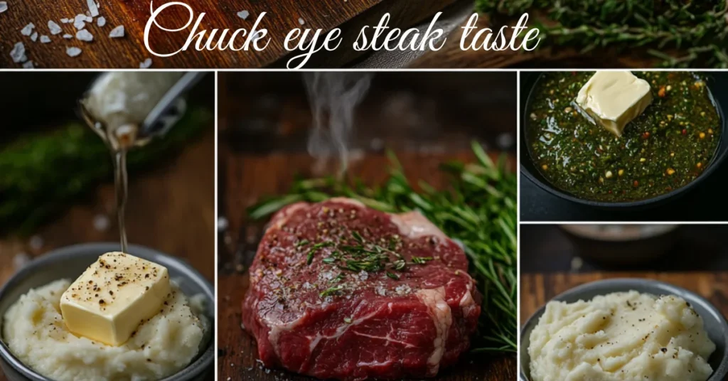 "Collage featuring the preparation and serving of chuck eye steak, with raw seasoned steak, creamy mashed potatoes, herb butter, and chimichurri sauce."