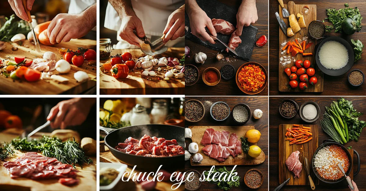 "Step-by-step preparation of chuck eye steak recipe with fresh vegetables, spices, and cooking utensils on a rustic wooden countertop."