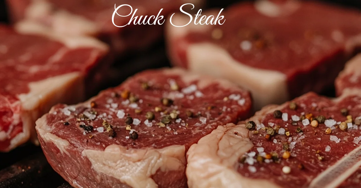 "Raw chuck steak seasoned with salt and pepper on a grill."