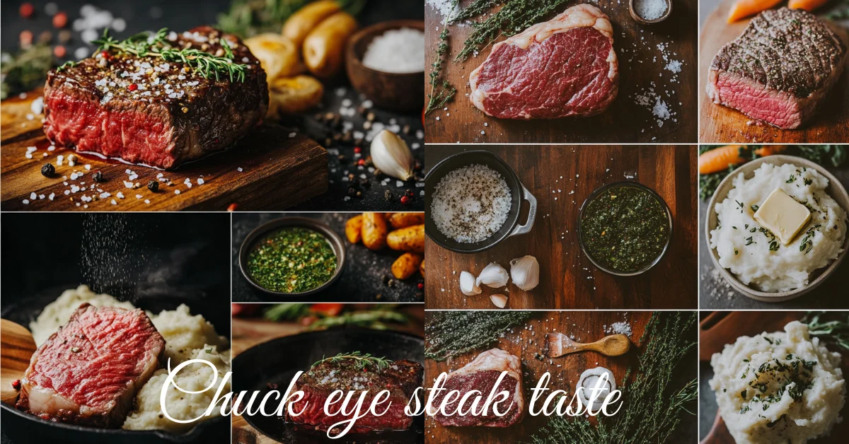 "A collage showcasing the preparation and serving of chuck eye steak, featuring raw steak, seasoning ingredients, cooked steak with herb garnishes, mashed potatoes, chimichurri sauce, and roasted vegetables."