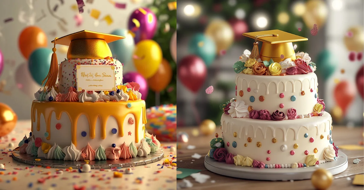 Two vibrant graduation cakes decorated with gold mortarboards, colorful frosting, and festive backgrounds featuring balloons and confetti.