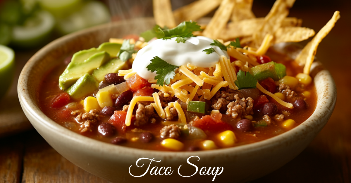 A bowl of taco soup topped with sour cream, shredded cheese, avocado slices, and tortilla strips, garnished with fresh cilantro.