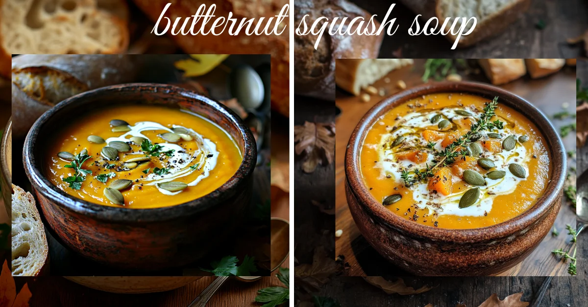 Two bowls of butternut squash soup garnished with pumpkin seeds, herbs, and cream, accompanied by rustic bread in a cozy autumn setting.