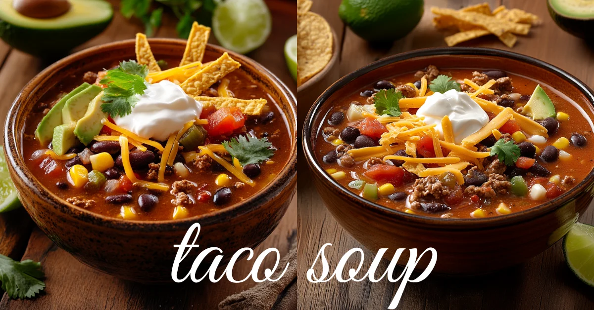 Bowl of taco soup with toppings like sour cream, shredded cheese, and avocado.