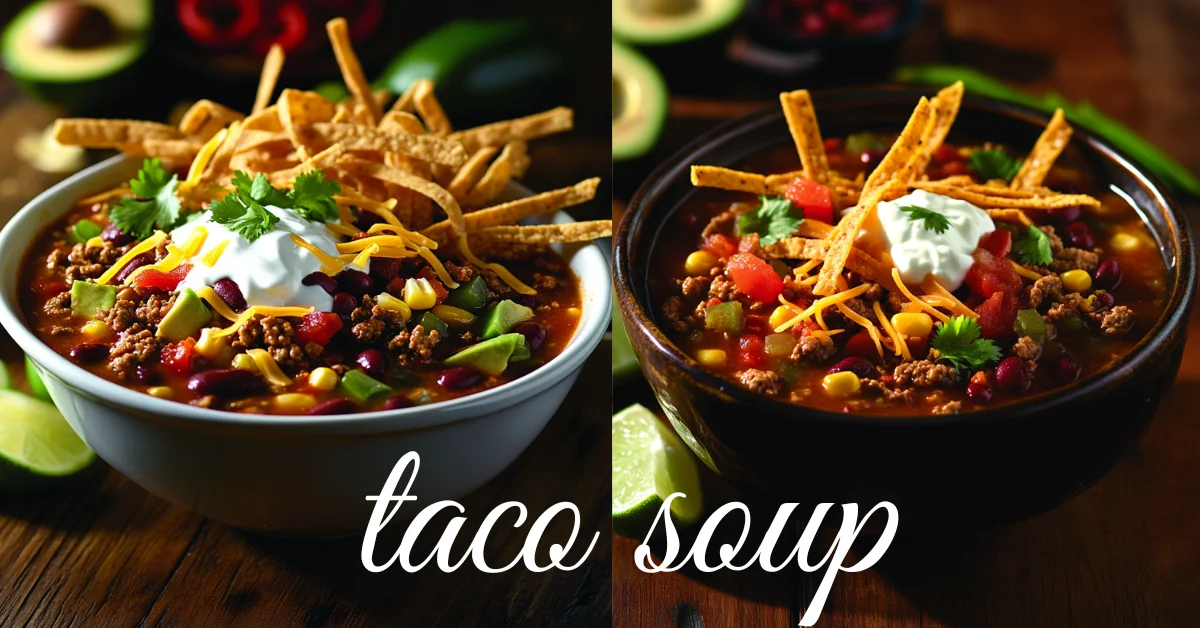 Bowl of taco soup with toppings like sour cream, cheese, and tortilla strips.