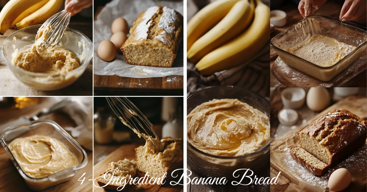 "Step-by-step visuals of making 4-Ingredient Banana Bread, showcasing mixing, baking, and the final loaf served on a wooden board.