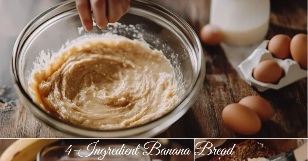 Mixing batter for 4-Ingredient Banana Bread in a glass bowl with eggs and milk on a wooden table.