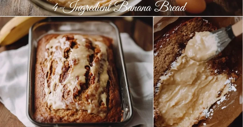 Freshly baked 4-Ingredient Banana Bread with a glossy glaze, alongside a slice being coated with creamy frosting.