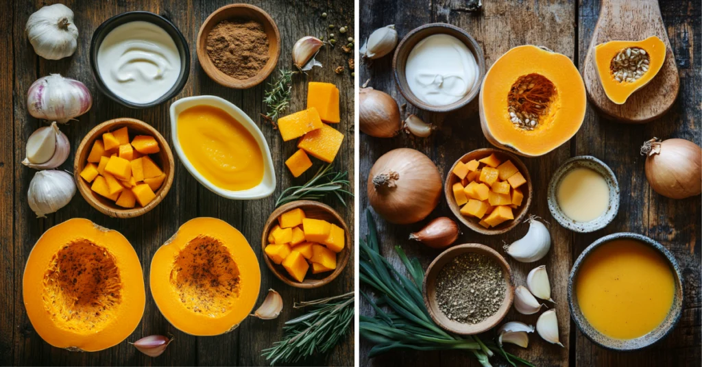 What Culture is Butternut Squash Soup From? 2 Two side-by-side flat lay images showcasing fresh ingredients for butternut squash soup, including butternut squash, onions, garlic, spices, cream, and broth on a rustic wooden table.