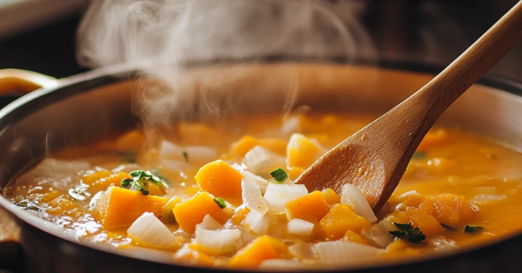 What Culture is Butternut Squash Soup From? 3 A steaming pot of butternut squash soup being stirred with a wooden spoon, featuring chunks of squash, onions, and fresh herbs.