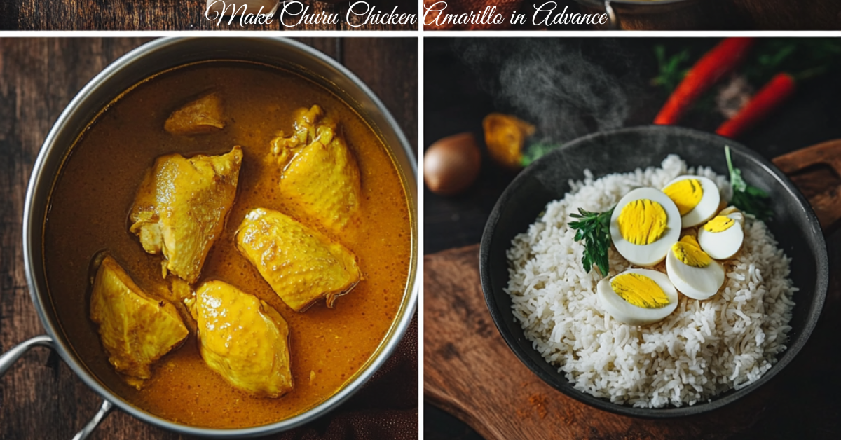 Churu Chicken Amarillo in a pot with golden sauce alongside a bowl of steamed rice topped with sliced boiled eggs.