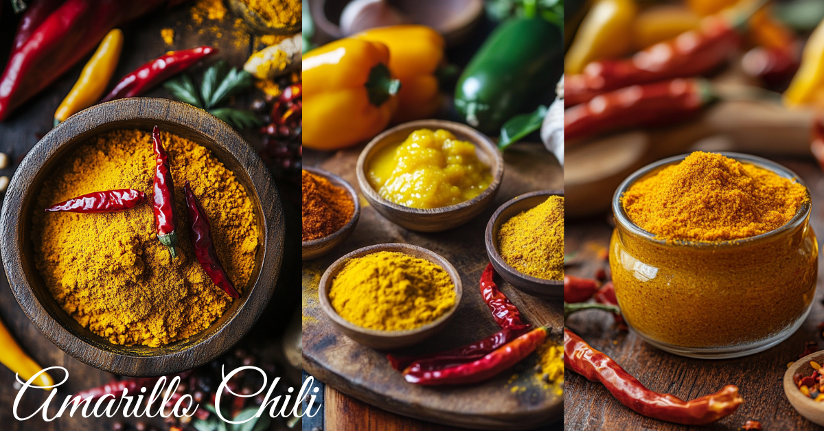 Substitute Amarillo Chili Paste ingredients including yellow chili powder, fresh yellow peppers, red chilies, turmeric powder, and homemade paste in rustic bowls.