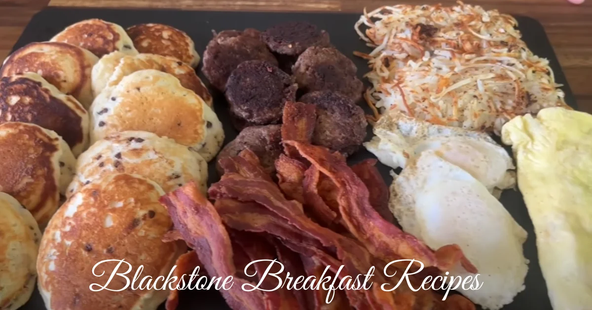 Golden pancakes, crispy bacon, and scrambled eggs cooked on a Blackstone griddle, showcasing a delicious breakfast spread.