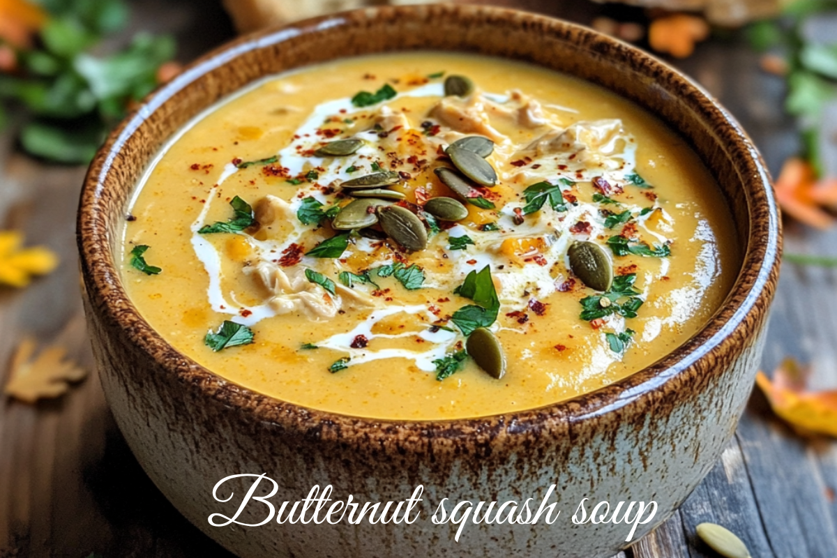 A bowl of creamy butternut squash soup garnished with fresh herbs, showcasing a vibrant and smooth texture.