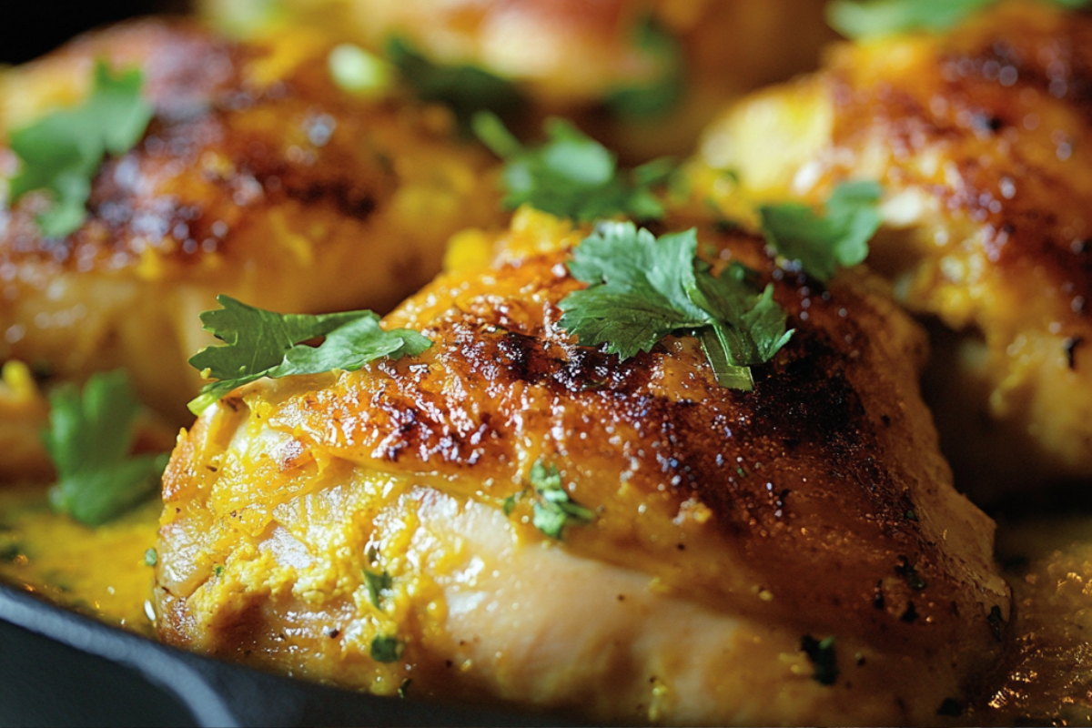 A vibrant plate of Churu Chicken Amarillo served with Amarillo pepper sauce, garnished with fresh cilantro, and paired with Mexican rice.