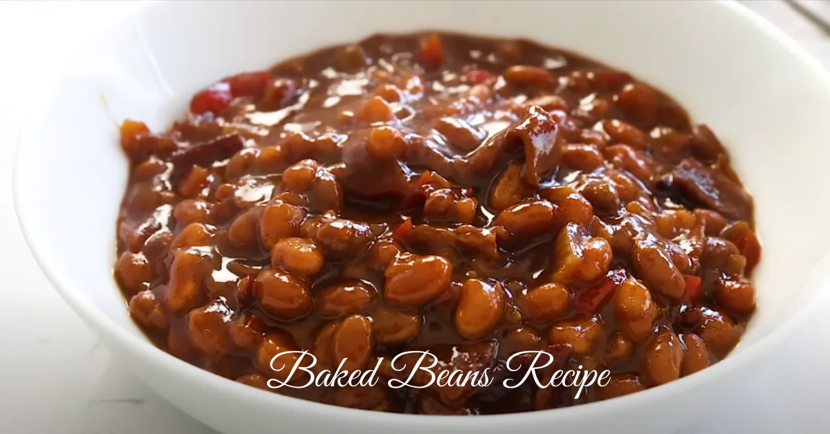 A bowl of baked beans with a rich, smoky, and sweet sauce, garnished with fresh herbs, ready to be served.