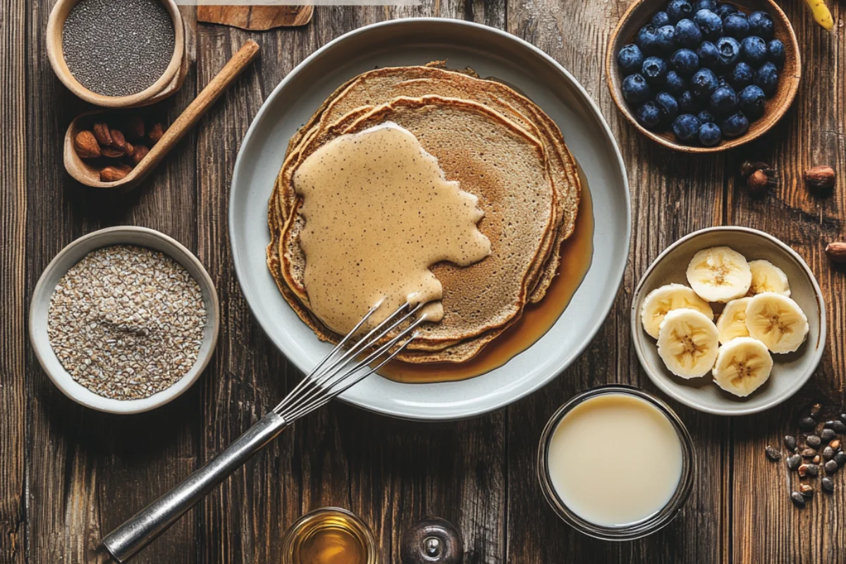 Whole wheat pancakes topped with fresh blueberries, banana slices, chia seeds, and a drizzle of honey on a rustic wooden table.