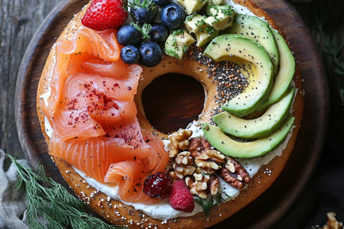 What goes on a bagel with cream cheese: smoked salmon, avocado slices, fresh berries, walnuts, and chia seeds, beautifully arranged on a toasted bagel.