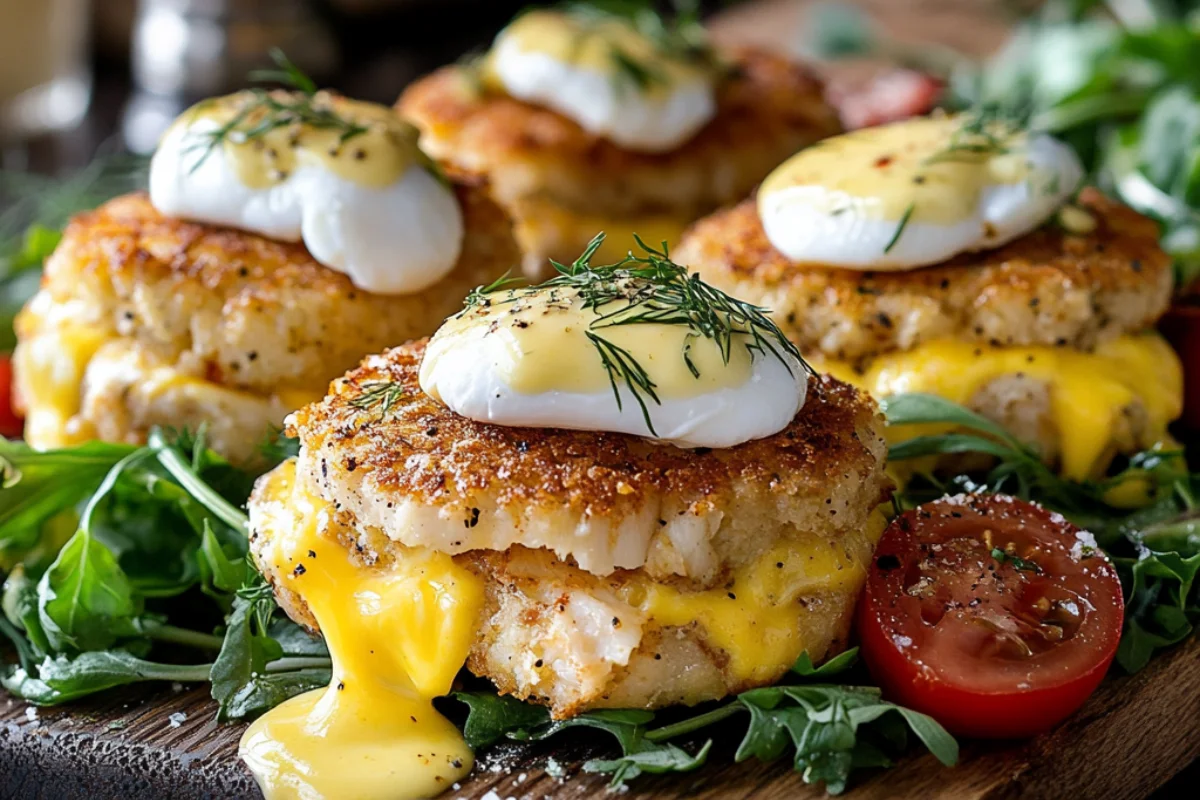 Calories in Crab Cake Benedict: A beautifully plated dish with golden crab cakes, poached eggs, and creamy hollandaise sauce on an English muffin.