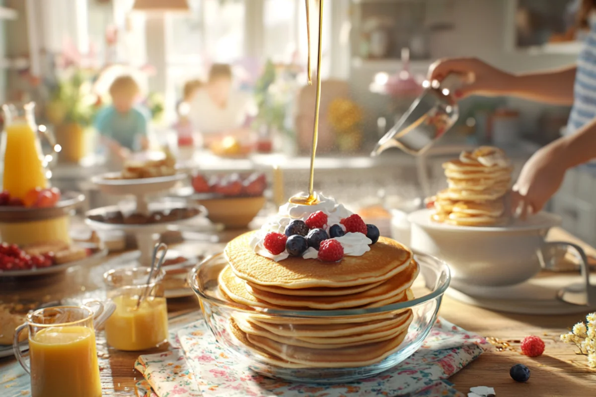 Community members enjoying a CMS Pancake Breakfast, featuring golden pancakes topped with syrup and berries, served on a beautifully set table.