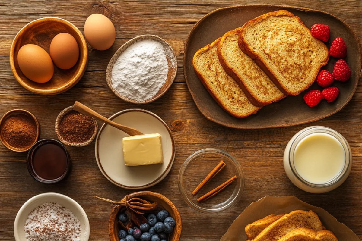 A delicious plate of sourdough French toast topped with fresh berries, powdered sugar, and a drizzle of maple syrup, served on a rustic wooden table.