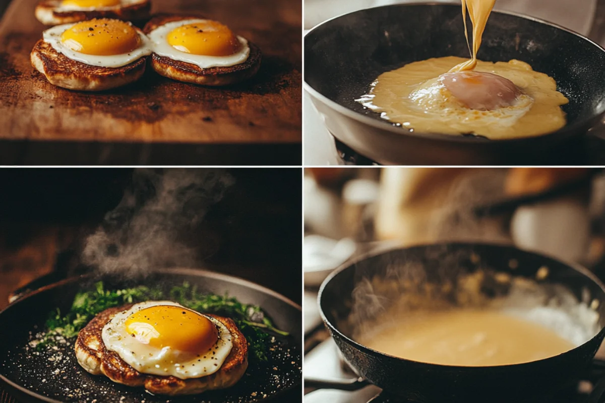 Eggs Benedict on a white plate with poached eggs, Canadian beef, toasted English muffins, and creamy Hollandaise sauce drizzled on top.