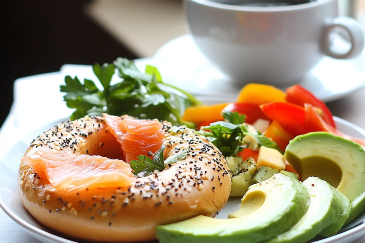 Whole-grain bagel topped with smoked salmon and fresh herbs, served with sliced avocado, colorful vegetables, and a cup of coffee in the background.