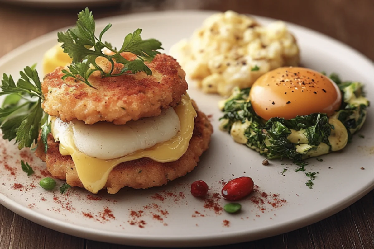 A beautifully plated breakfast featuring crispy crab cakes with poached eggs and avocado slices, perfect for showcasing Crab Cakes for Breakfast.